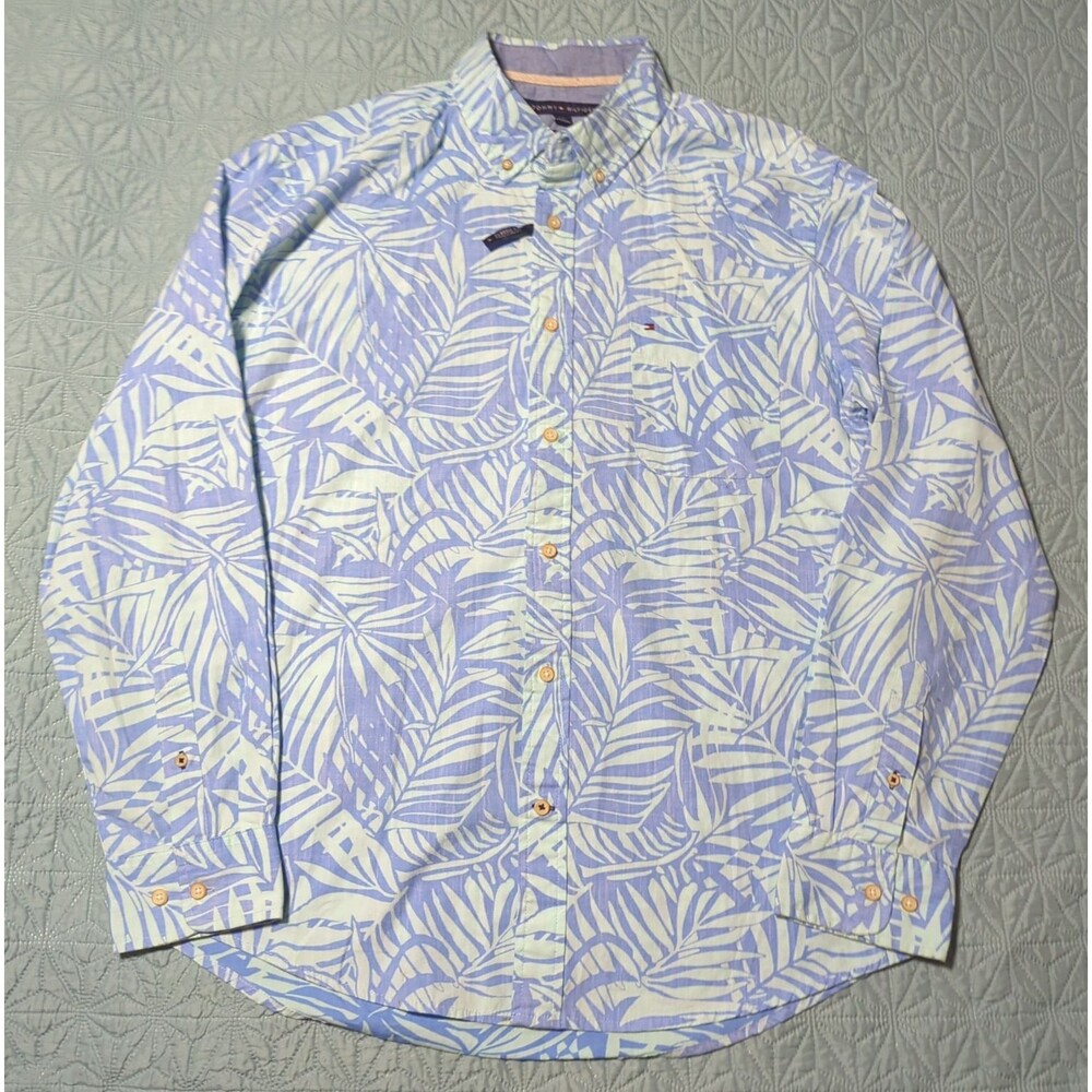 Tommy Hilfiger Classic Fit Light Blue Palm Leaf Mens Large Button Down Shirt NWT